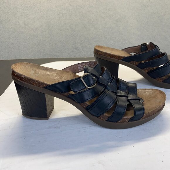 DANSKO Womens Size 40 Dina Black Leather High Heel Stappy Open Toe Slide Sandals - Picture 1 of 15